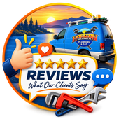 Blue plumbing van at sunset with “Reviews” text, five stars, and tools for client testimonials