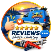 Blue plumbing van at sunset with “Reviews” text, five stars, and tools for client testimonials