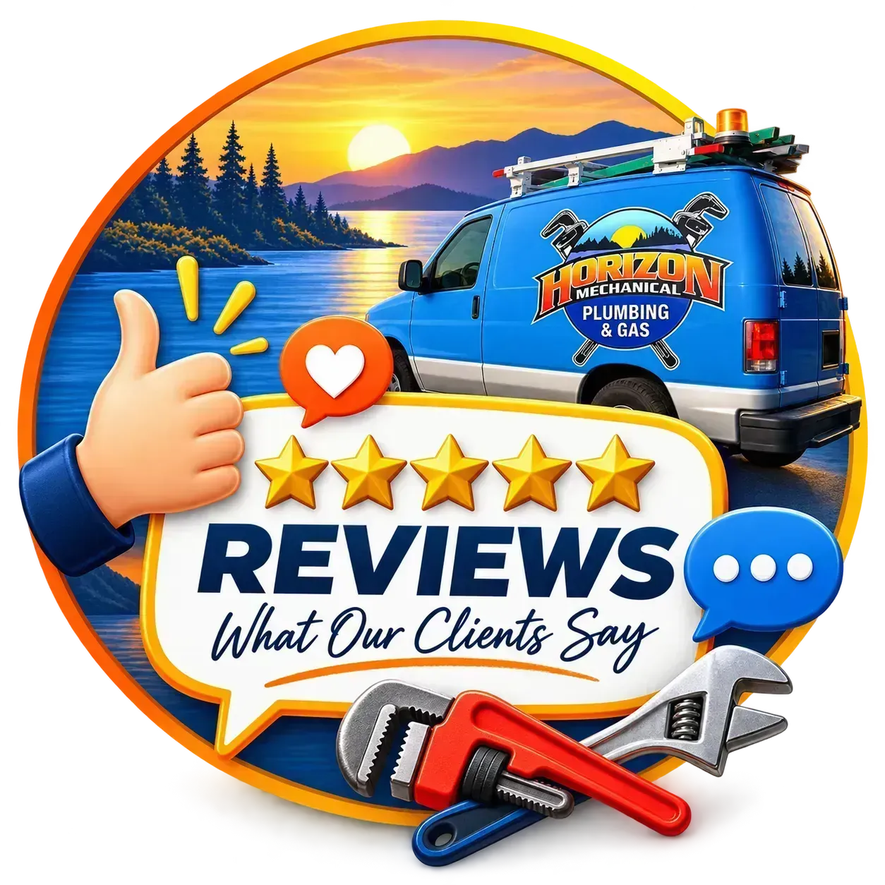 Blue plumbing van at sunset with “Reviews” text, five stars, and tools for client testimonials