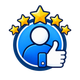 Blue user icon with five gold stars and a thumbs-up symbol