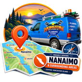 Blue plumbing van over Nanaimo map, promoting Horizon Plumbing & Gas servicing Nanaimo and surrounding areas