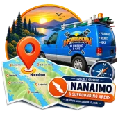 Blue plumbing van over Nanaimo map, promoting Horizon Plumbing & Gas servicing Nanaimo and surrounding areas