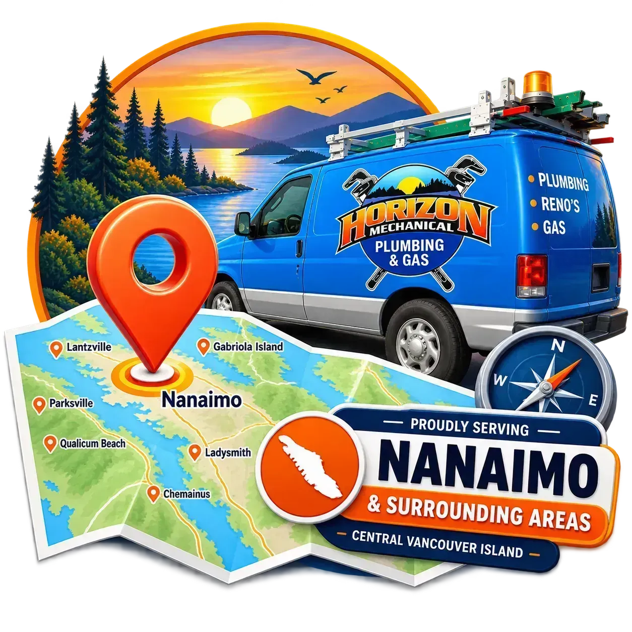 Blue plumbing van over Nanaimo map, promoting Horizon Plumbing & Gas servicing Nanaimo and surrounding areas