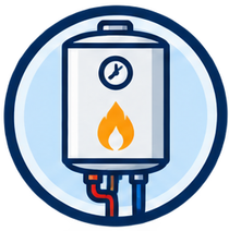 Plumbing and HVAC repair logo with water heater, pipes, tools, and heat/cooling icons on blue background