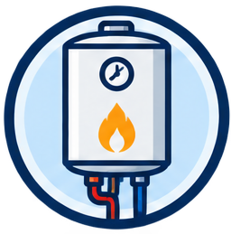 Plumbing and HVAC repair logo with water heater, pipes, tools, and heat/cooling icons on blue background