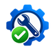 Blue gear with wrench and green checkmark, suggesting approved maintenance or settings complete
