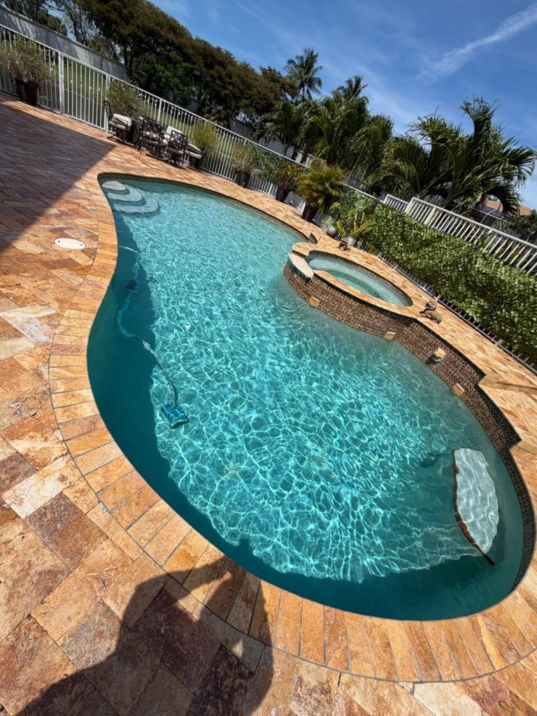 Curved backyard swimming pool with turquoise water, stone deck, and palm trees around it
