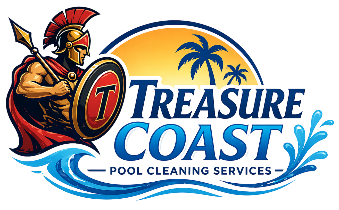 Treasure Coast Pool Cleaning Services logo with Roman warrior, palm tree, and blue wave graphics