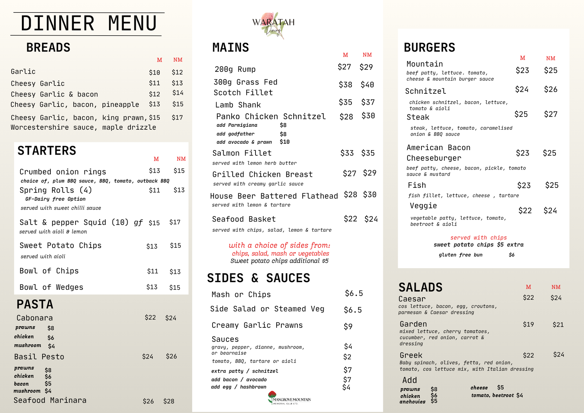 Waratah Menu Waratah Menu