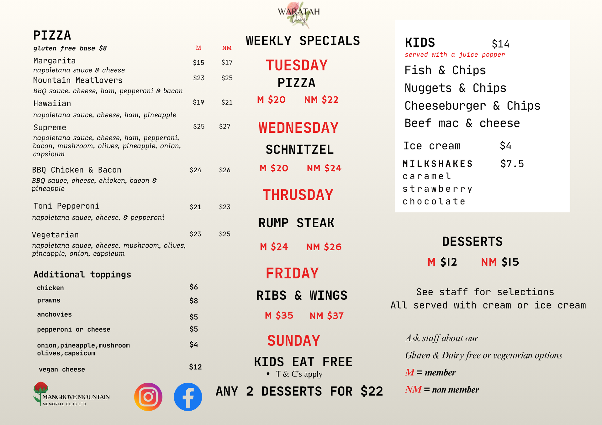 Waratah Menu