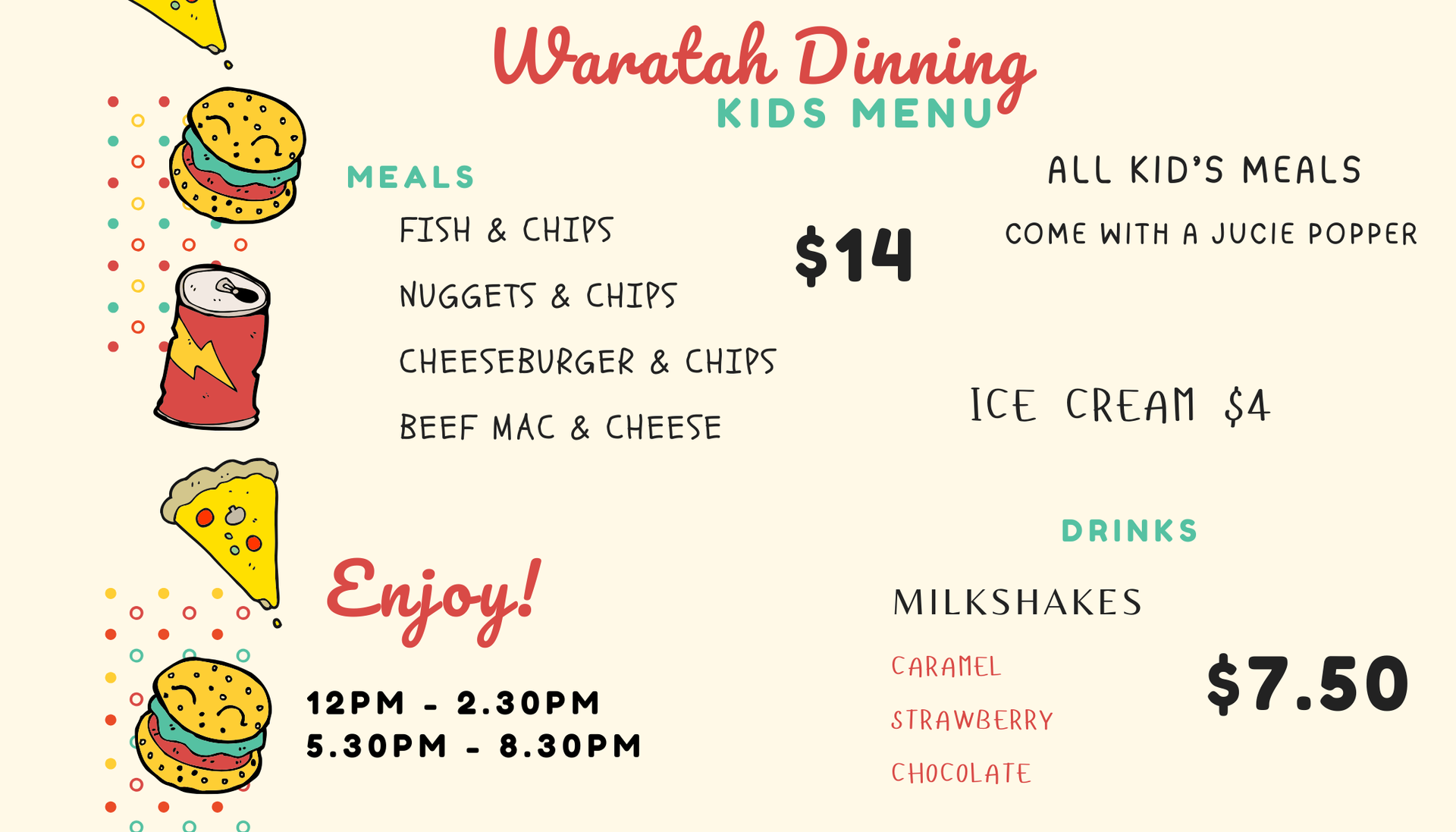 Waratah weekly specials menu Waratah weekly specials menu
