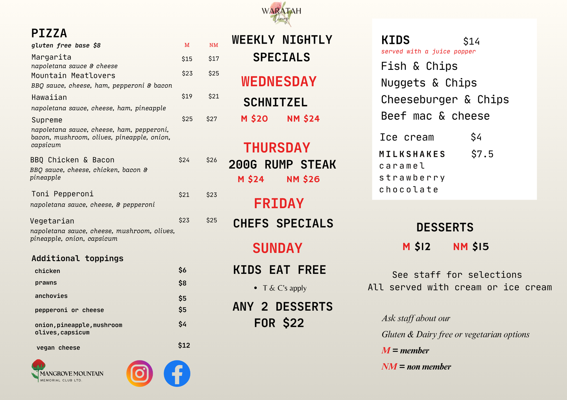 Waratah Menu