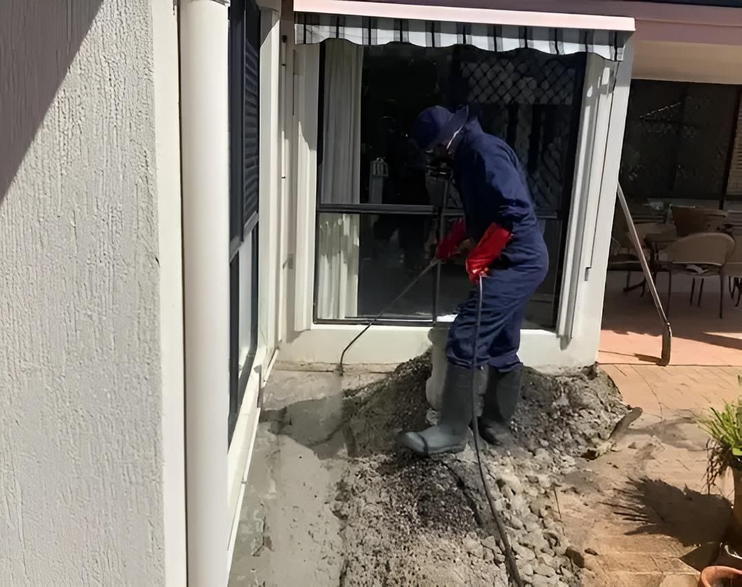 A Man Is Digging A Hole In The Ground In Front Of A House — Suncoast Termite & Pest In Nambour, QLD