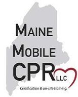 Maine Mobile CPR LLC logo: black text over gray Maine outline, red heart, 