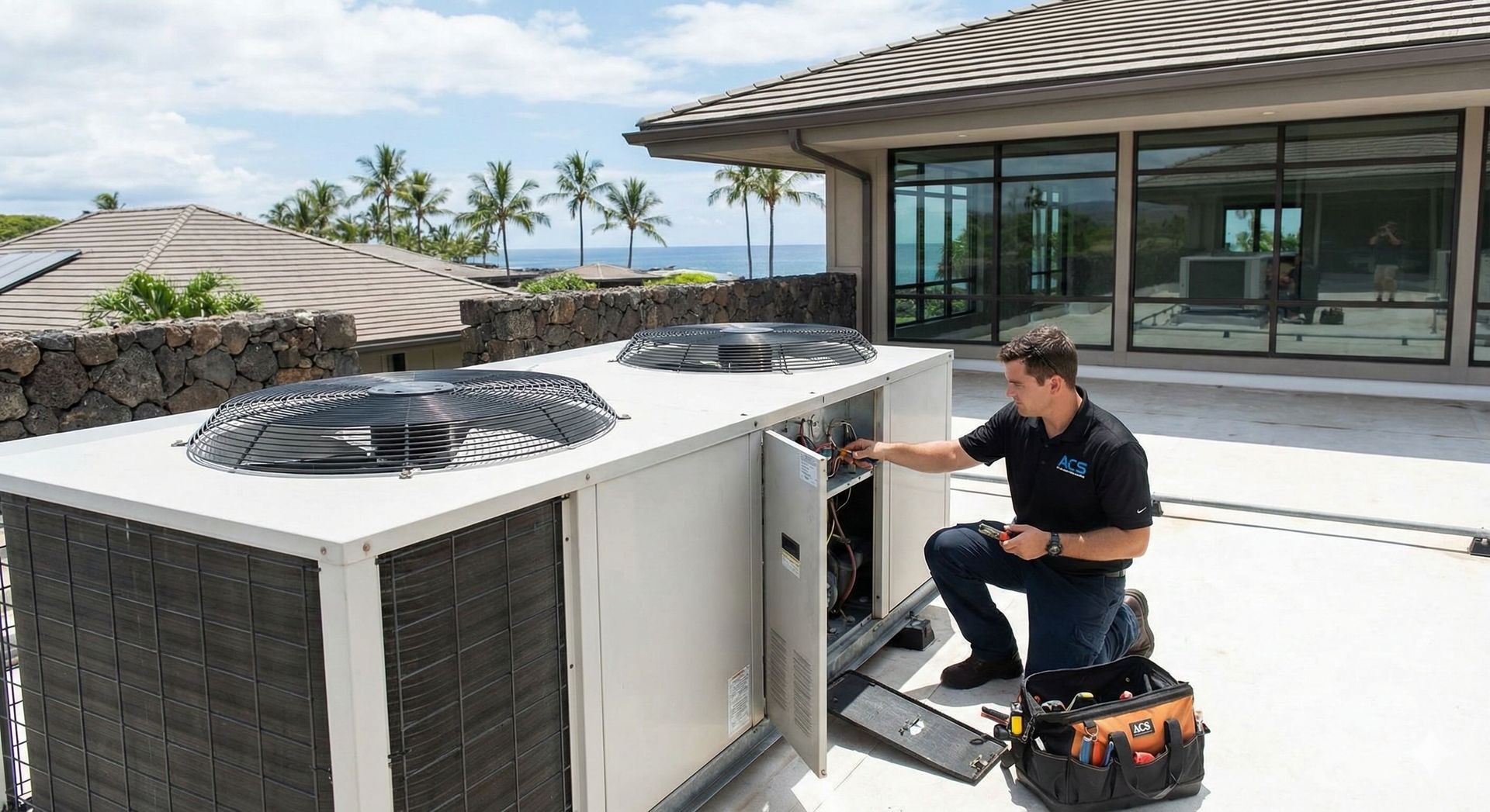 A technician in a black uniform kneels to service a large rooftop HVAC unit on a sunny day by the ocean.