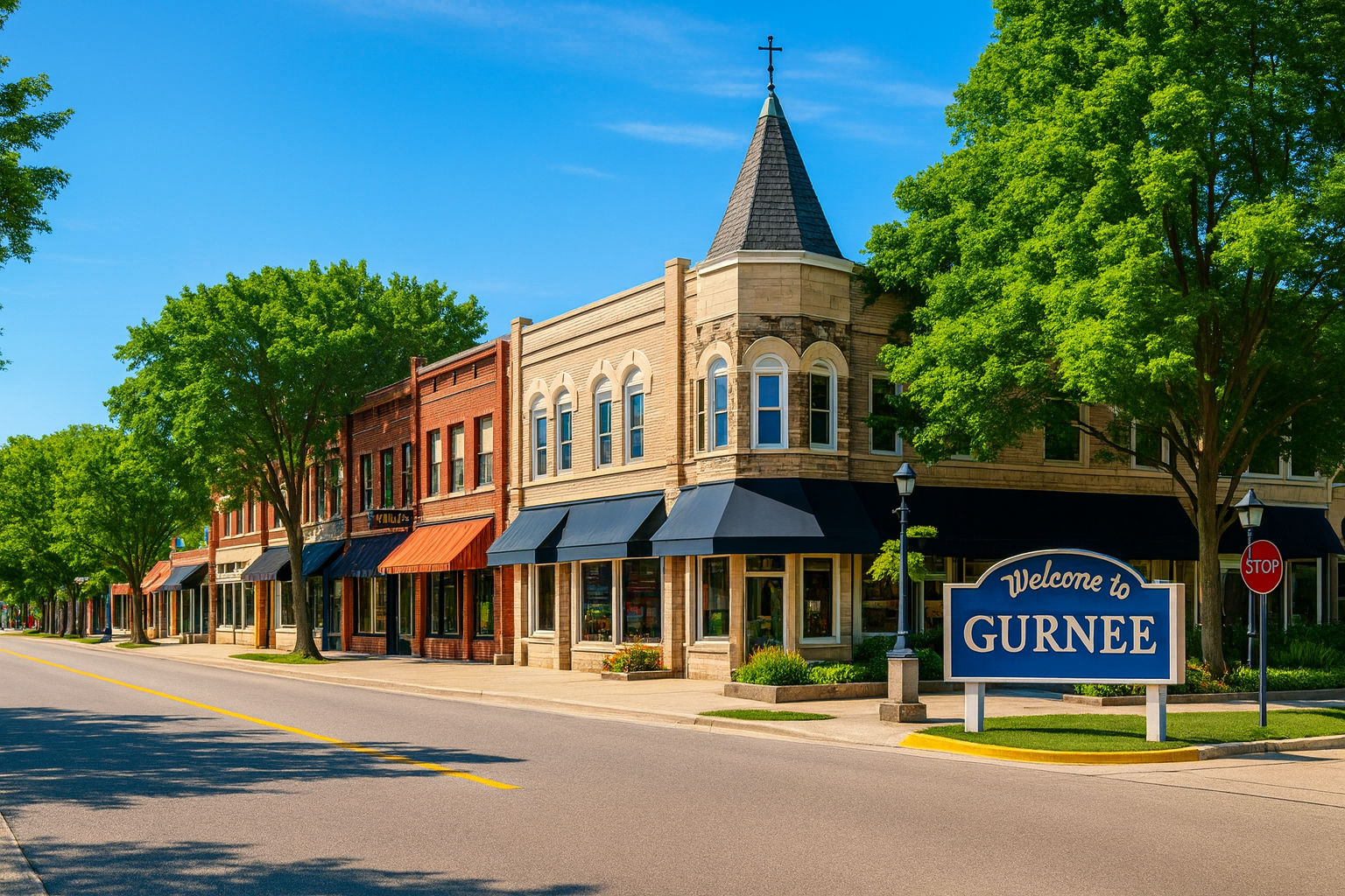 A small-town street in Gurnee, IL with shops and a Welcome sign on a sunny day.