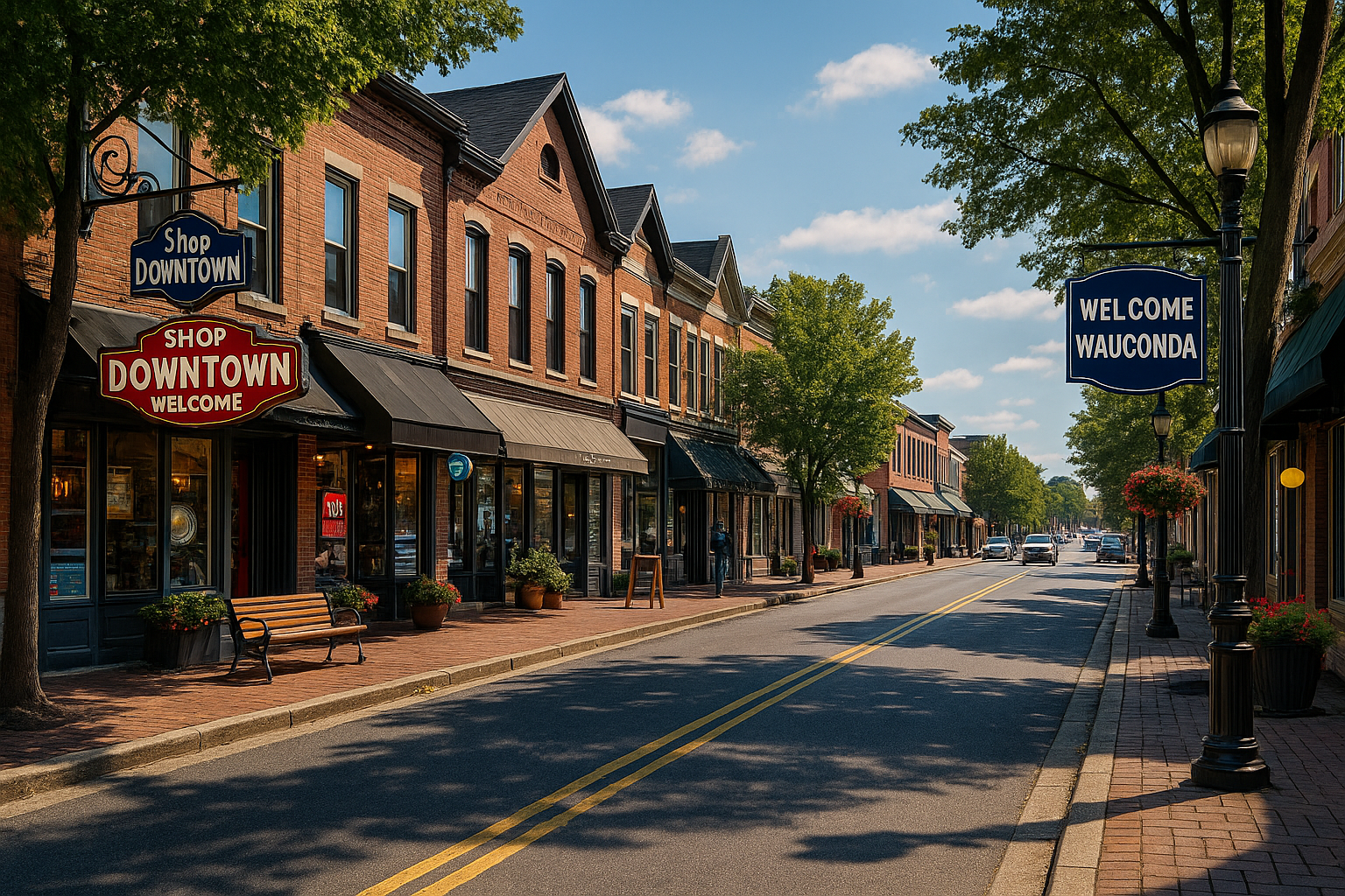 Street lined with brick buildings and shops,