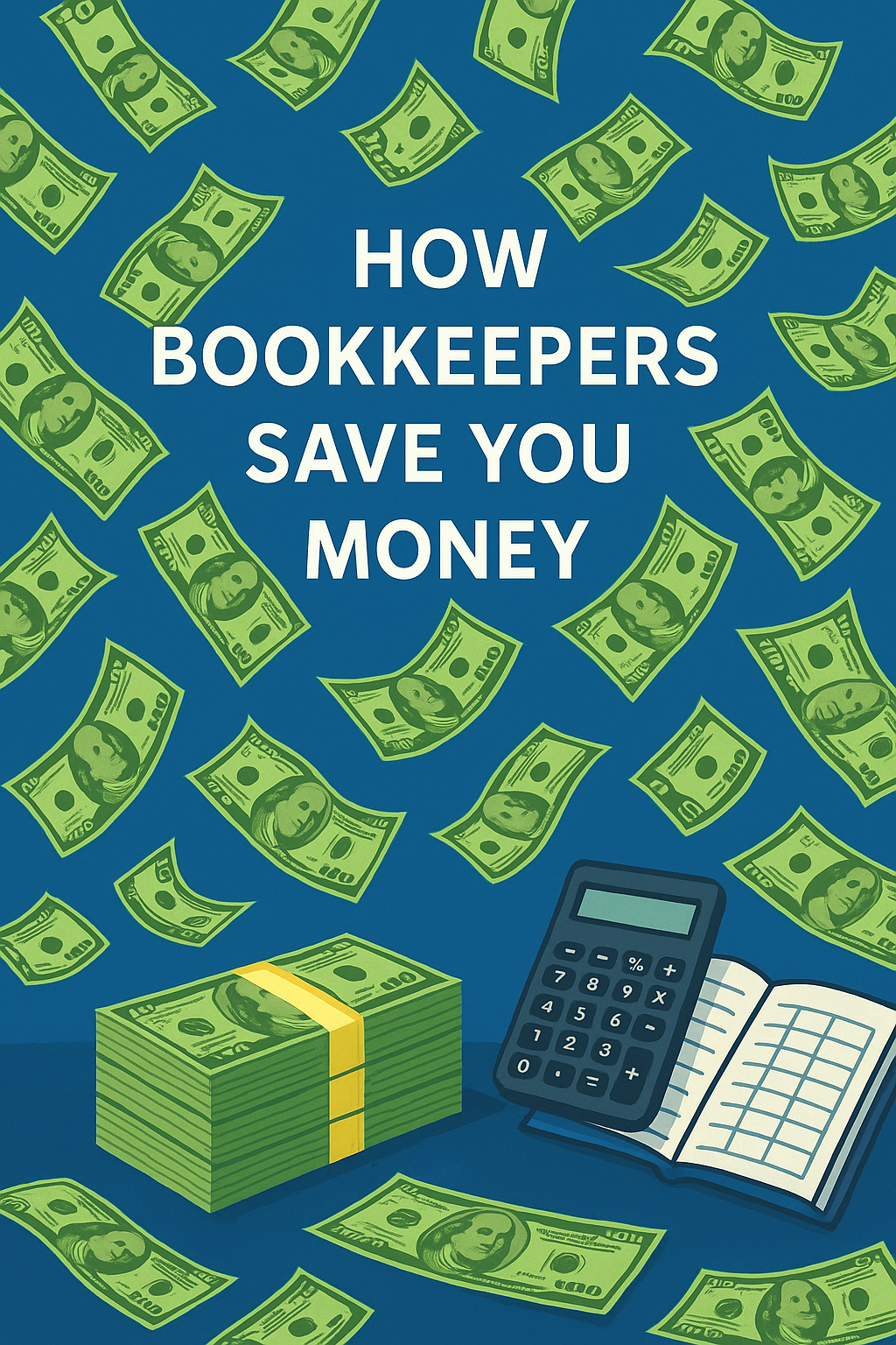 Blue graphic with cash falling, a stack of bills, calculator and notebook. Text: