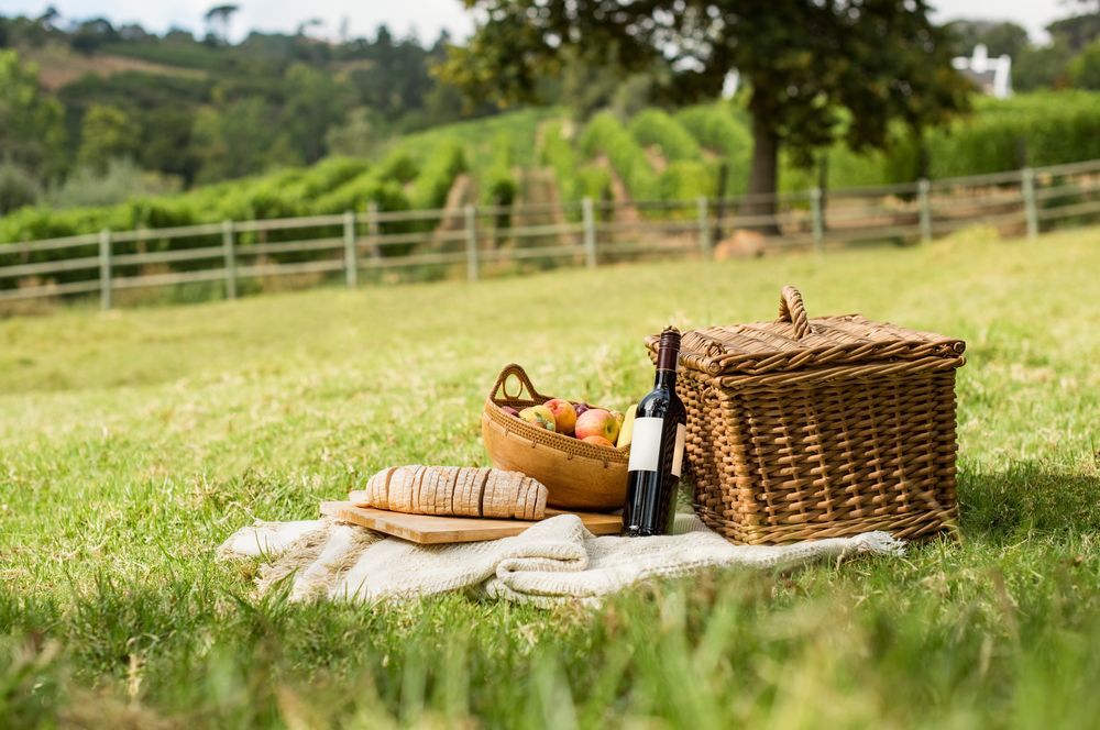 Picnic basket, wine, bread, and fruit on a blanket in a grassy field.