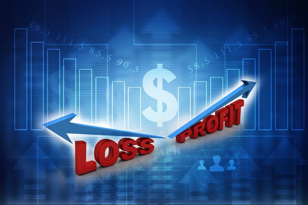 Profit arrow pointing up, loss arrow pointing down, over financial charts.
