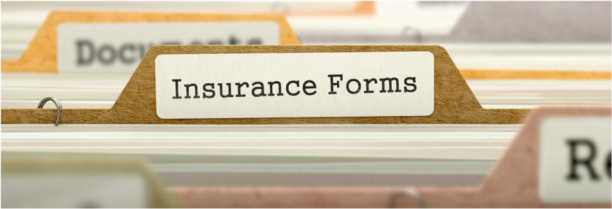 A row of file folders with one labeled insurance forms