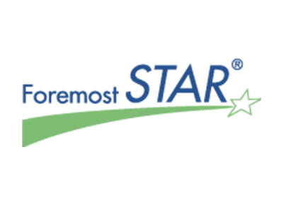 A logo for foremost star with a green star