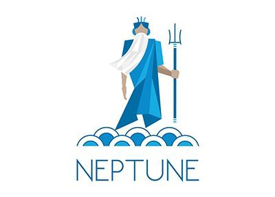 The logo for neptune shows a man in a blue robe holding a trident.