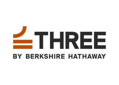 The logo for three by berkshire hathaway is orange and black.