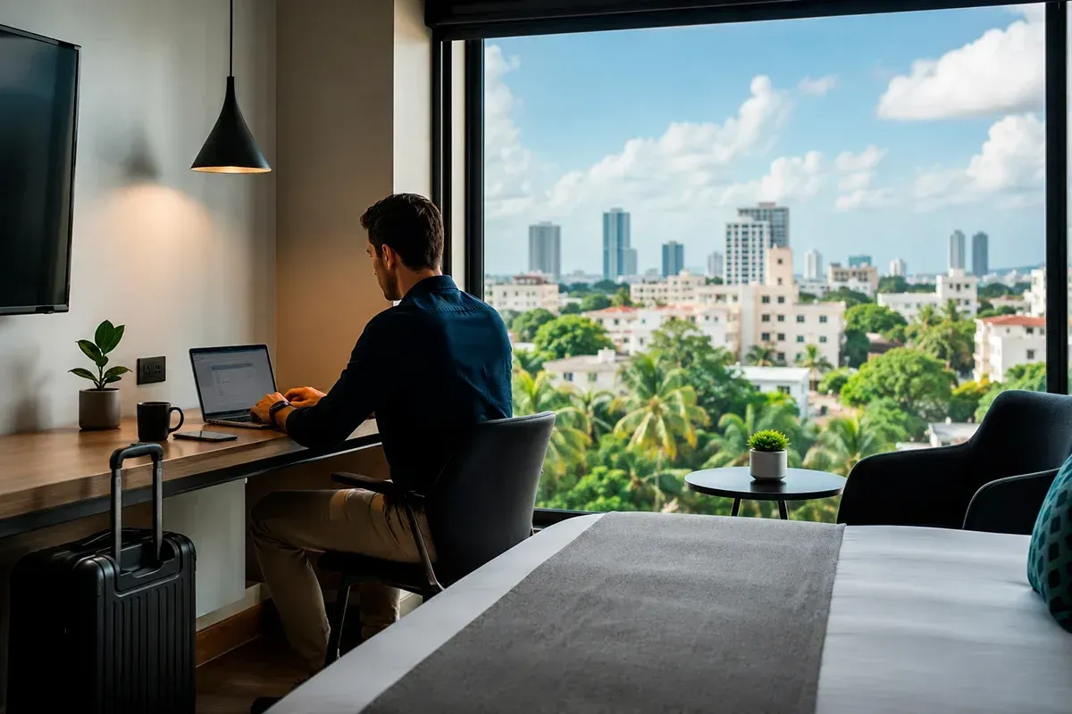 Viajero trabajando desde un hotel urbano moderno en el centro de Cancún, una opción ideal para viaje