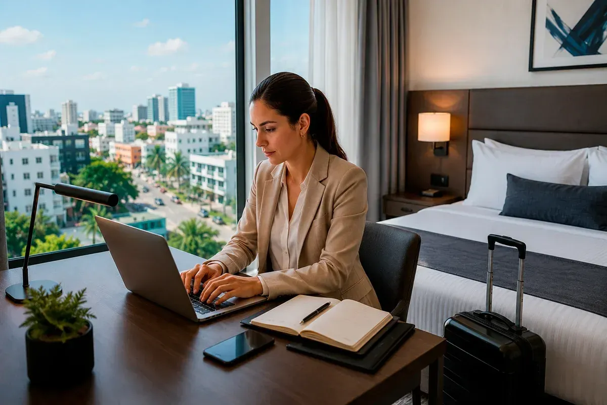 Ejecutiva trabajando desde una habitación de hotel moderna en Cancún con laptop