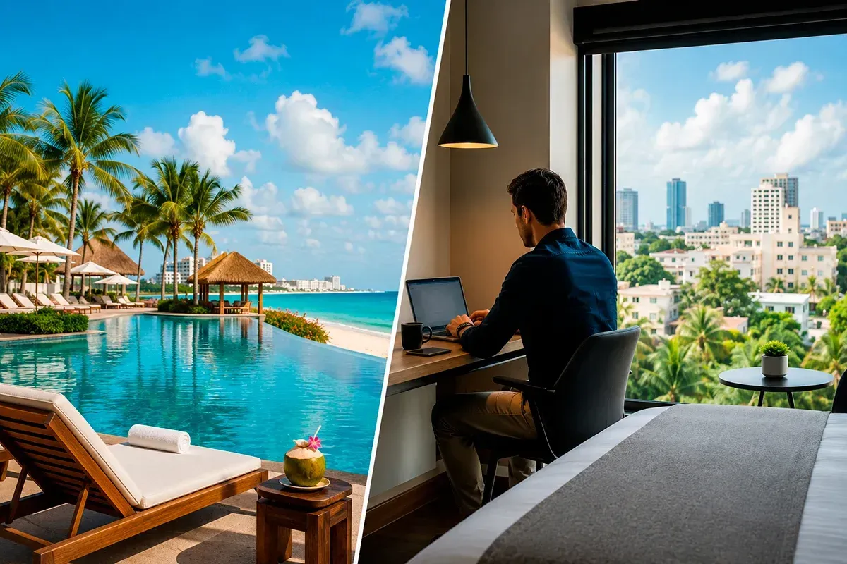 Comparativa entre un resort de playa y un hotel urbano en Cancún para viajes de negocios, workation
