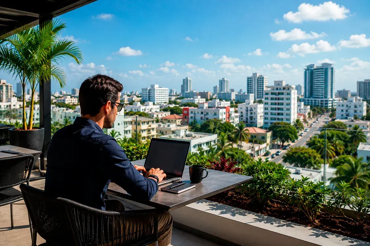 Profesional trabajando desde una terraza con vista al centro de Cancún