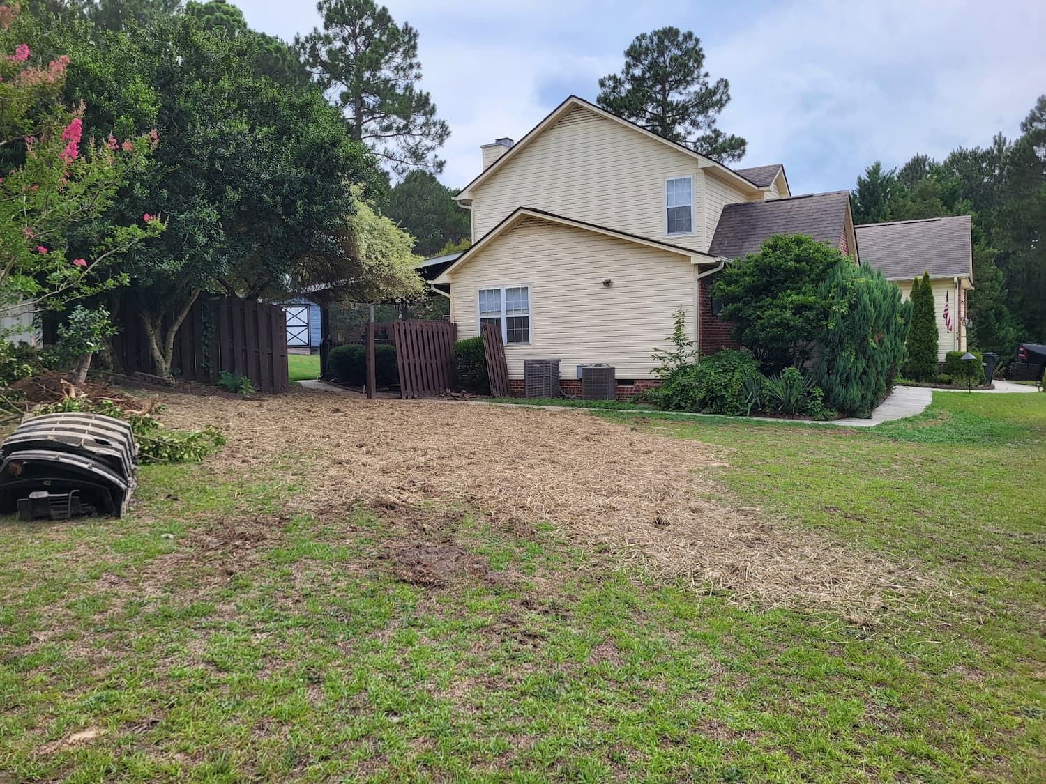 Suburban house with overgrown lawn, trees, and a driveway on a cloudy day