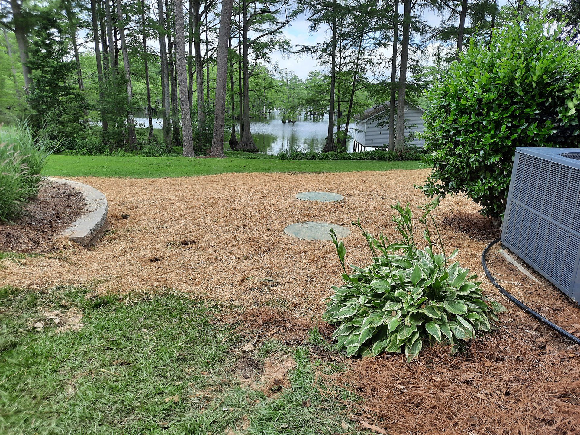 Wooded lakeside yard with mulch path, stepping stones, green plants, and an HVAC unit on the right