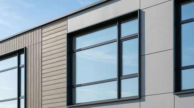 A low-angle view of a modern building facade featuring wood siding and grey panels with large, dark-framed glass windows.