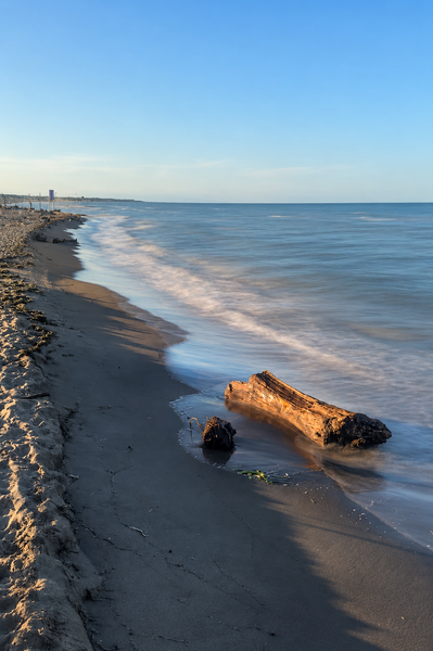 Spiaggia sabbiosa al tramonto con onde dolci e un tronco di legno portato a riva dalla corrente.