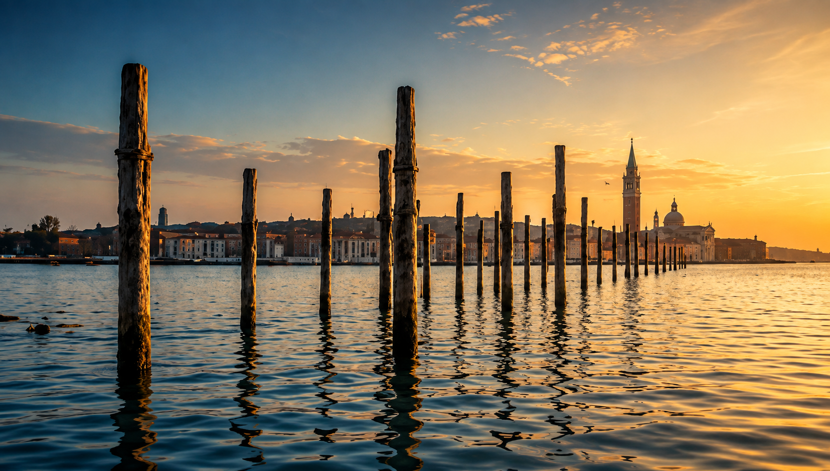 Tramonto sullo skyline di una città affacciata sul mare, con alti pali di legno che si riflettono nelle calme onde dell'acqua.