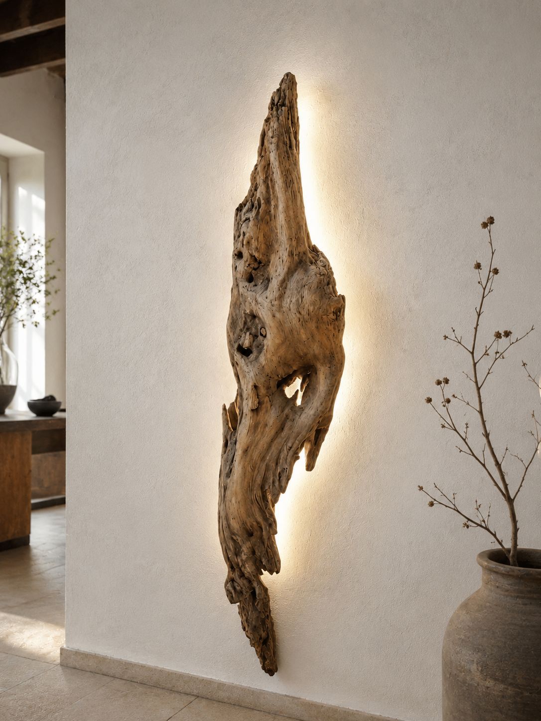 Scultura da parete rustica in legno retroilluminata su una parete bianca, accanto a un vaso con rami secchi.