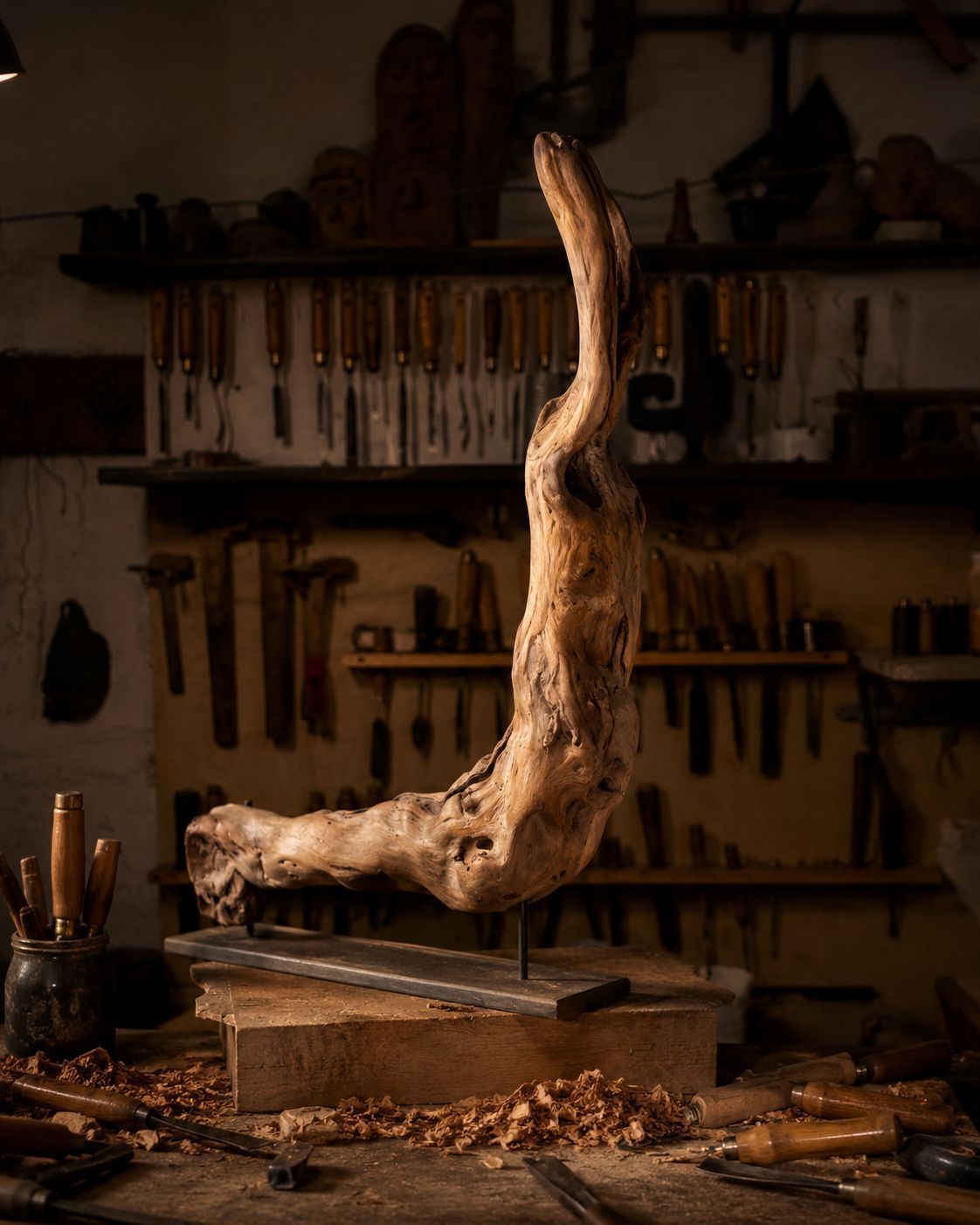 Scultura in legno su un banco da lavoro in un laboratorio di falegnameria poco illuminato, con attrezzi appesi al muro.