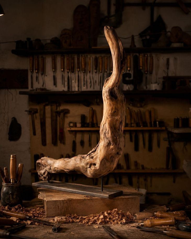 Scultura in legno in una falegnameria poco illuminata, circondata da attrezzi e trucioli.