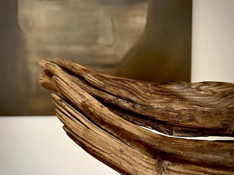 Primo piano astratto di una scultura in legno curva con venature marroni stratificate su uno sfondo beige.