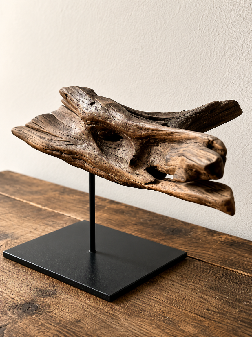 Scultura astratta in legno di recupero su supporto in metallo nero con base rettangolare, contro una parete beige.