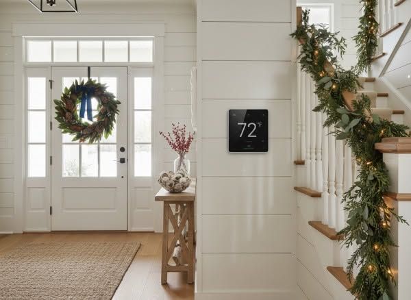 Bright entryway with white door, holiday wreath, staircase garland, and house number 72.