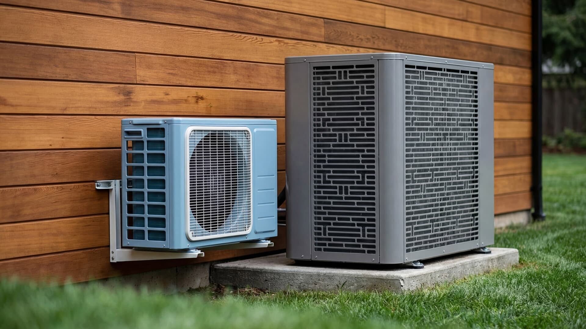 Two outdoor HVAC units beside a wooden house wall, one light blue and one gray, on a grassy lawn.