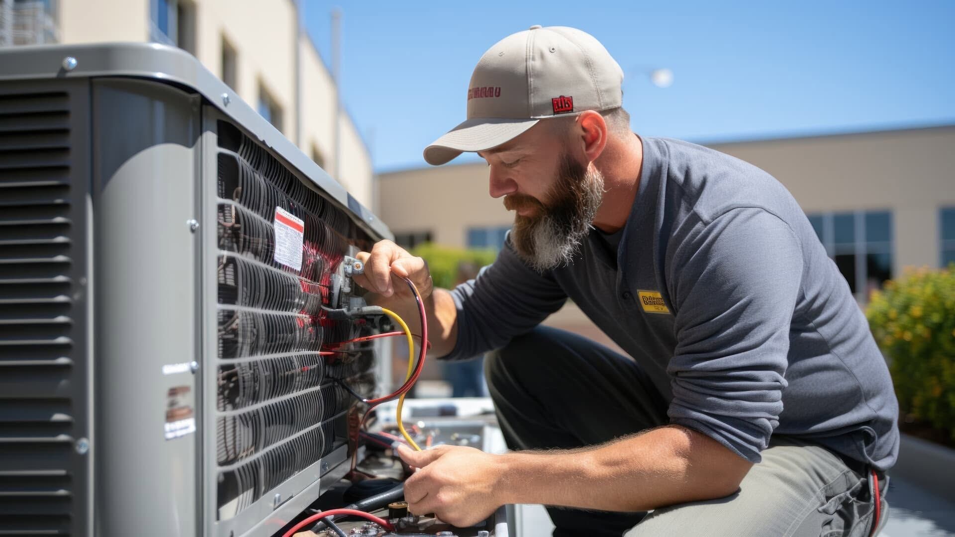 Technician kneeling beside an outdoor HVAC unit, inspecting wiring with tools in hand.