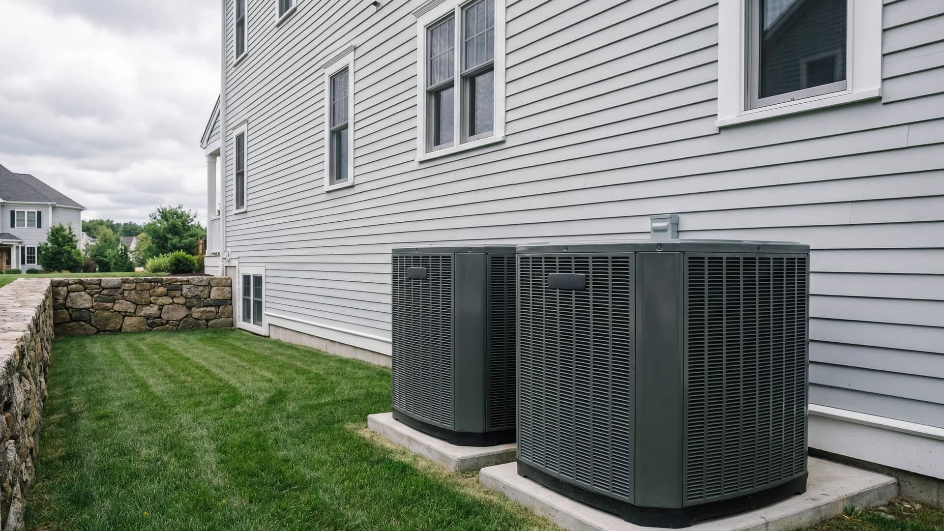 Two gray outdoor HVAC units beside a white house on a narrow grassy side yard