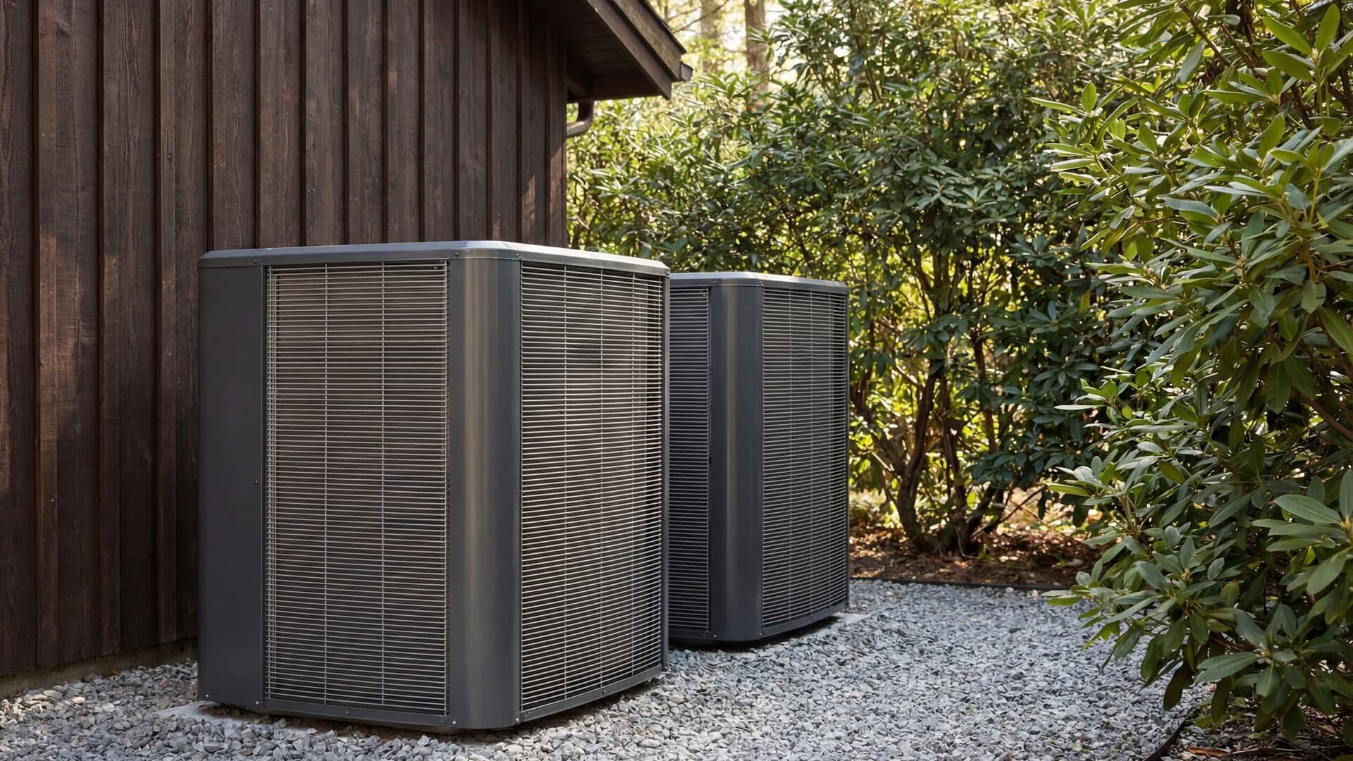 Two outdoor HVAC units beside a wooden house, with gravel and greenery nearby.