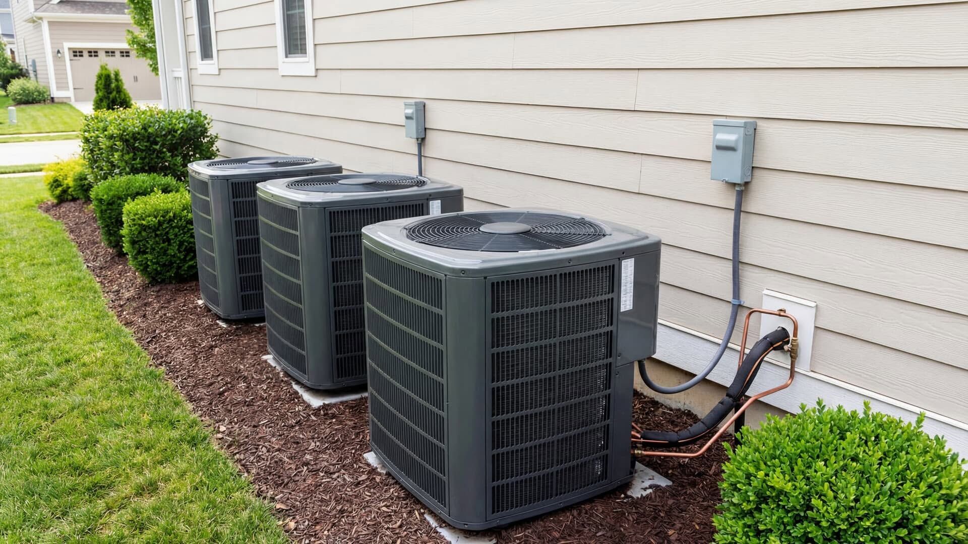 Three outdoor HVAC units beside a house, along a beige siding wall and mulch bed.