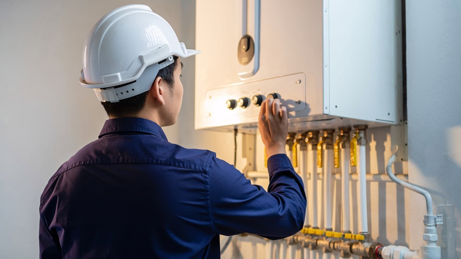 Electrician in a white hard hat inspecting an electrical panel with exposed yellow wires