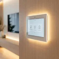 Backlit wall-mounted touch switch panel on a wood wall in a modern room
